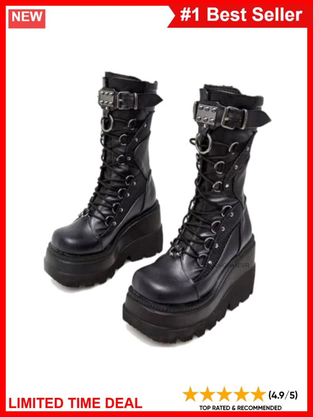Gothic Chunky Platform Combat Boots Faux Leather Mid Calf Lace-Up